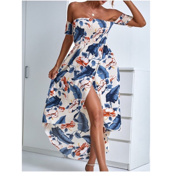 Boho Blue Floral Tropical Leave Off Shoulder dress - Picture 3 of 10